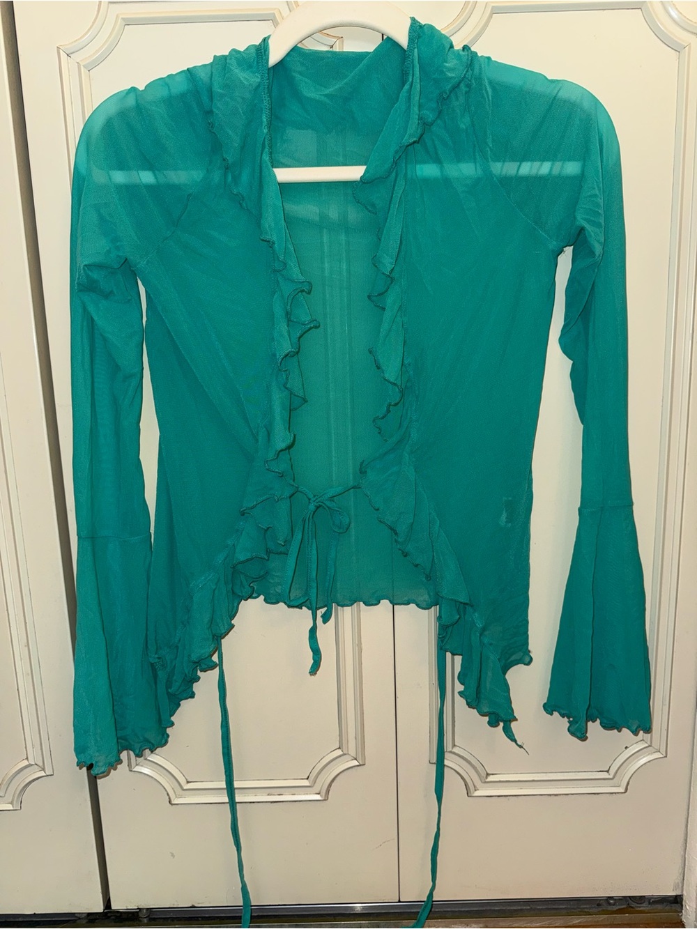 SHEIN Teal Ruffle Tie-Front Sheer Tunic